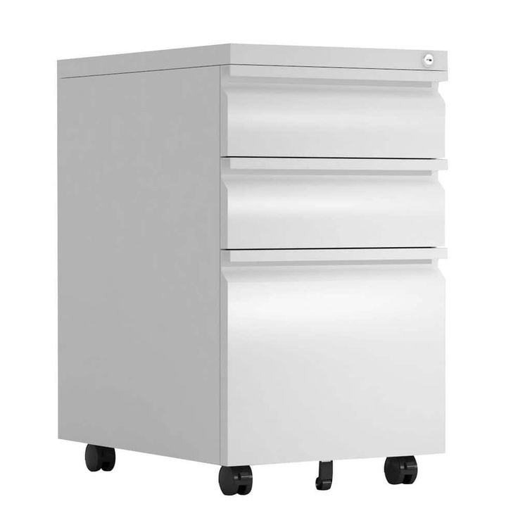 a white filing cabinet sitting on wheels