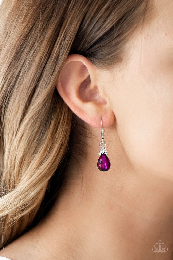 Crowned in glassy white rhinestones, a dazzling pink teardrop gem swings from the ear for a glamorous look. Earring attaches to a standard fishhook fitting. Sold as one pair of earrings. P5RE-PKXX-149XX Paparazzi Jewelry Images, Glamorous Look, Purple Gems, Cats Eye Stone, 5th Avenue, Beaded Wraps, Paparazzi Accessories, Blue Gems, White Rhinestone