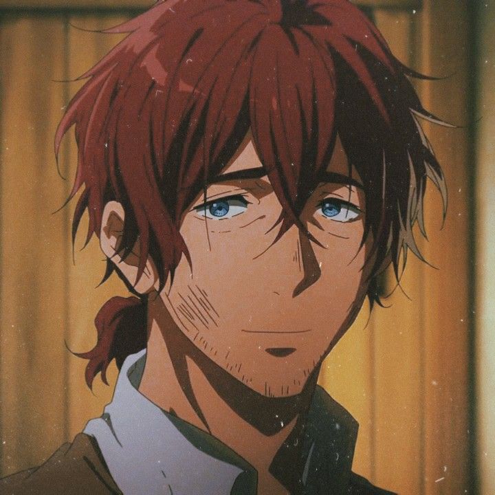 an anime character with red hair and blue eyes looking at something in front of him