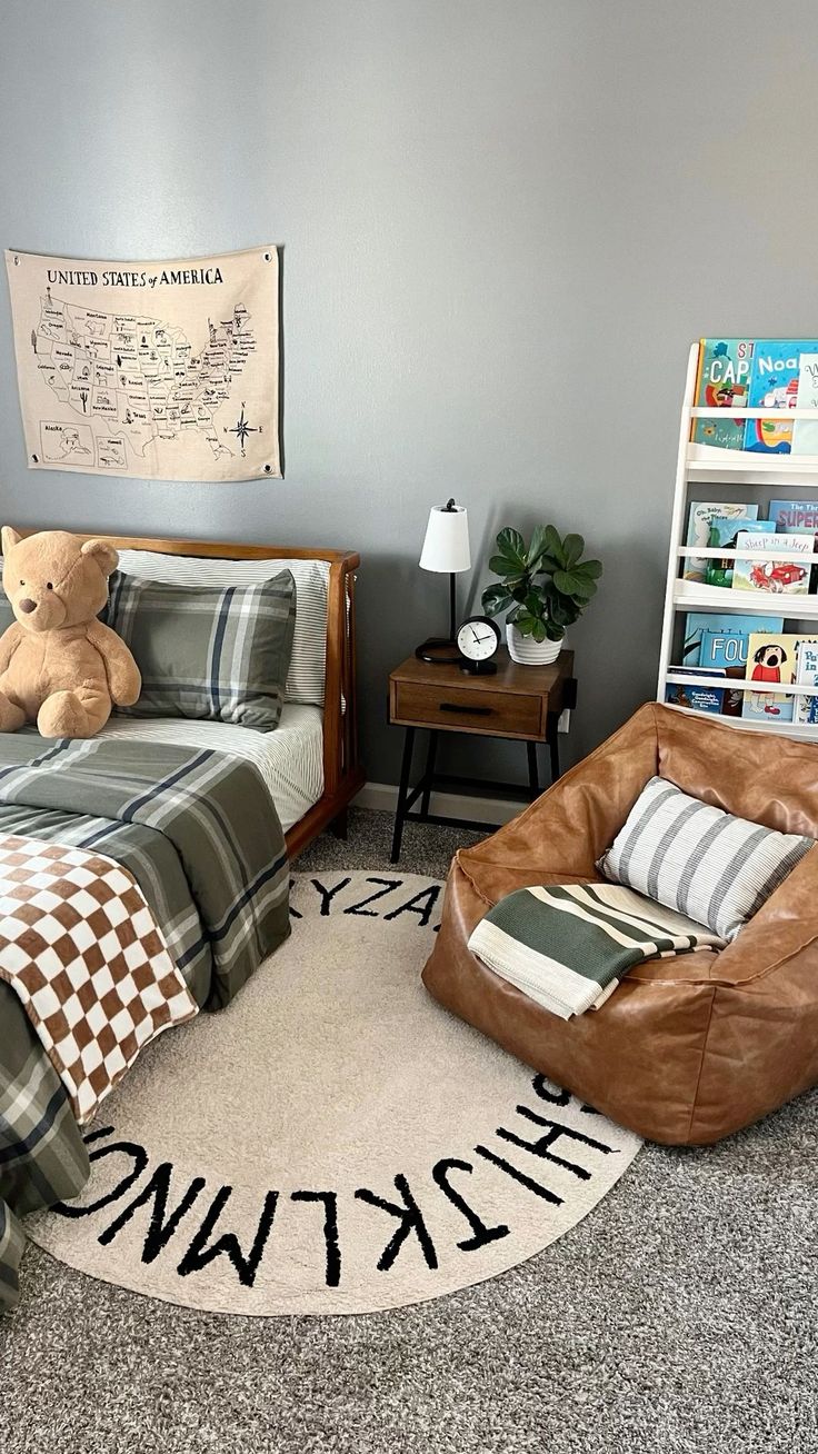 a bedroom with two beds and a teddy bear on the rug in front of it