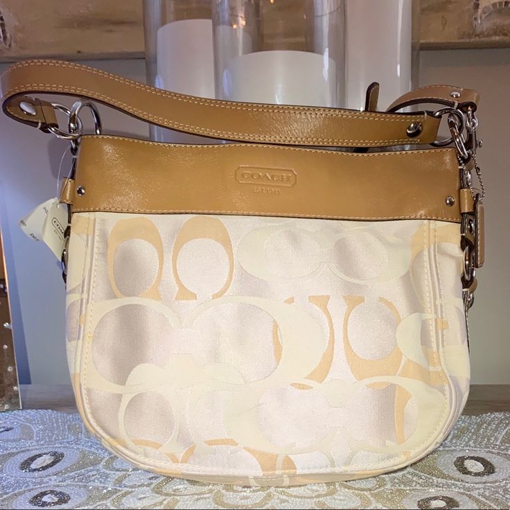 Nwt Khaki/ White L: 13” H: 10” Drop: 7” & 17” Coach Cream Hobo Shoulder Bag, Coach Cream Bag With Detachable Handle, White Hobo Bag With Detachable Strap For Formal Occasions, White Formal Hobo Bag With Detachable Strap, Formal White Hobo Bag With Detachable Strap, Bags Coach, Cream White, Coach Bags, Crossbody Bags