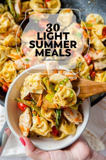 a person holding a bowl full of food with the words 30 light summer meals