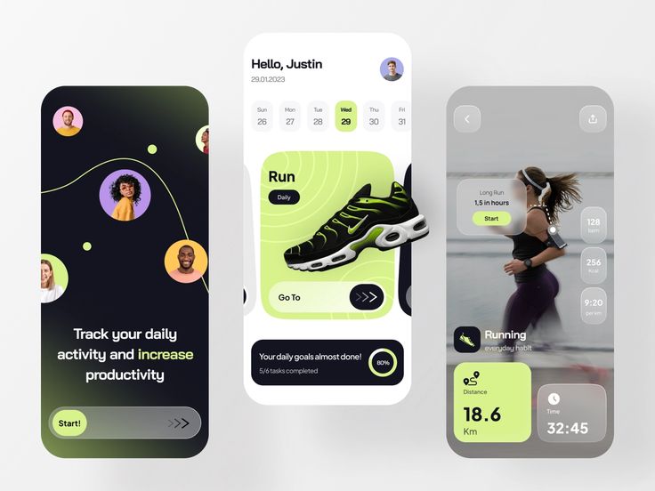 three mobile phone screens showing running and fitness app designs, each with an image of a woman's shoe on the screen