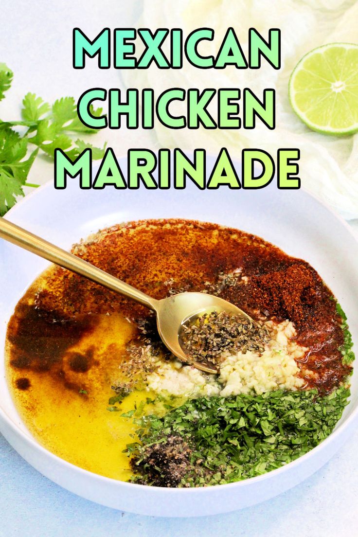 mexican chicken marinade in a white bowl with cilantro and lime