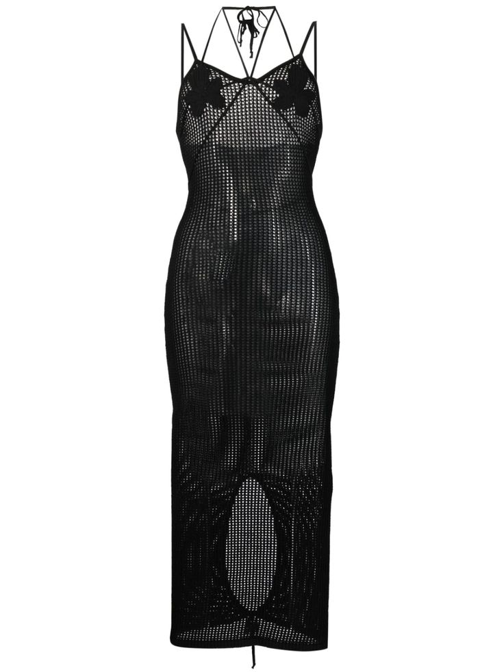 black knitted construction semi-sheer construction leaf embroidery spaghetti straps scoop neck rear slit halterneck tie fastening below-knee length Dress Knit, Airport Fashion, Knit Midi, Knit Sweater Dress, Knit Midi Dress, Airport Style, Black Knit, Black Midi Dress, Aesthetic Clothes