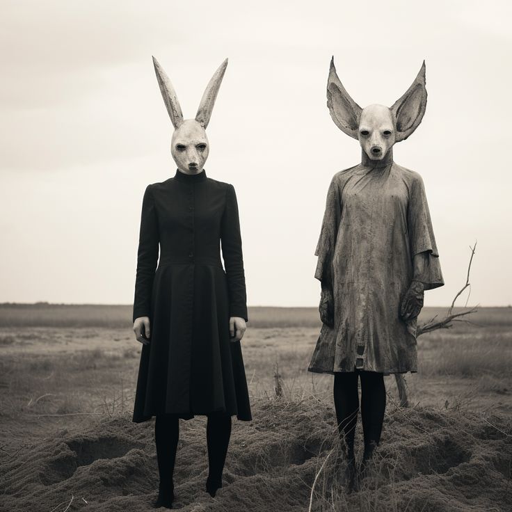 two people wearing bunny ears standing next to each other in the middle of a field