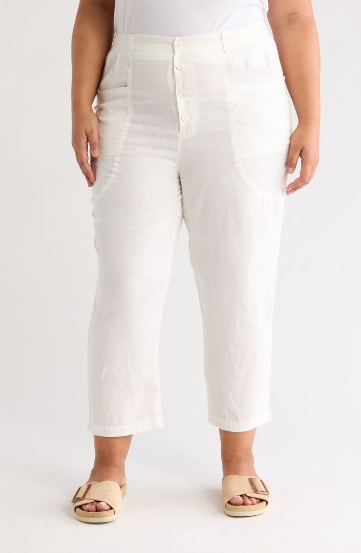 Stay cool on warm days in breathable linen pants fashioned with an exposed button fly and roomy pockets. Exposed-button fly Drop-in pockets 100% linen Dry clean Imported Casual Linen Straight Leg Capris, Casual Wide Leg Pants With Buttoned Pockets, Casual Summer Pants With Button Cuffs, Casual Spring Pants With Buttoned Pockets, Spring Straight Leg Bottoms With Buttoned Pockets, Linen Ankle-length Cargo Pants, Casual Cropped Leg Bottoms With Buttons, Spring Linen Capris With Pockets, Summer Straight Leg Bottoms With Buttoned Pockets