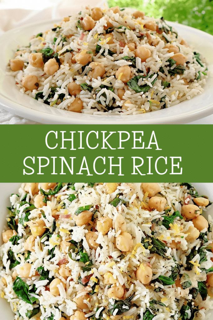 chicken spinach rice with chickpea and spinach on top in a white bowl