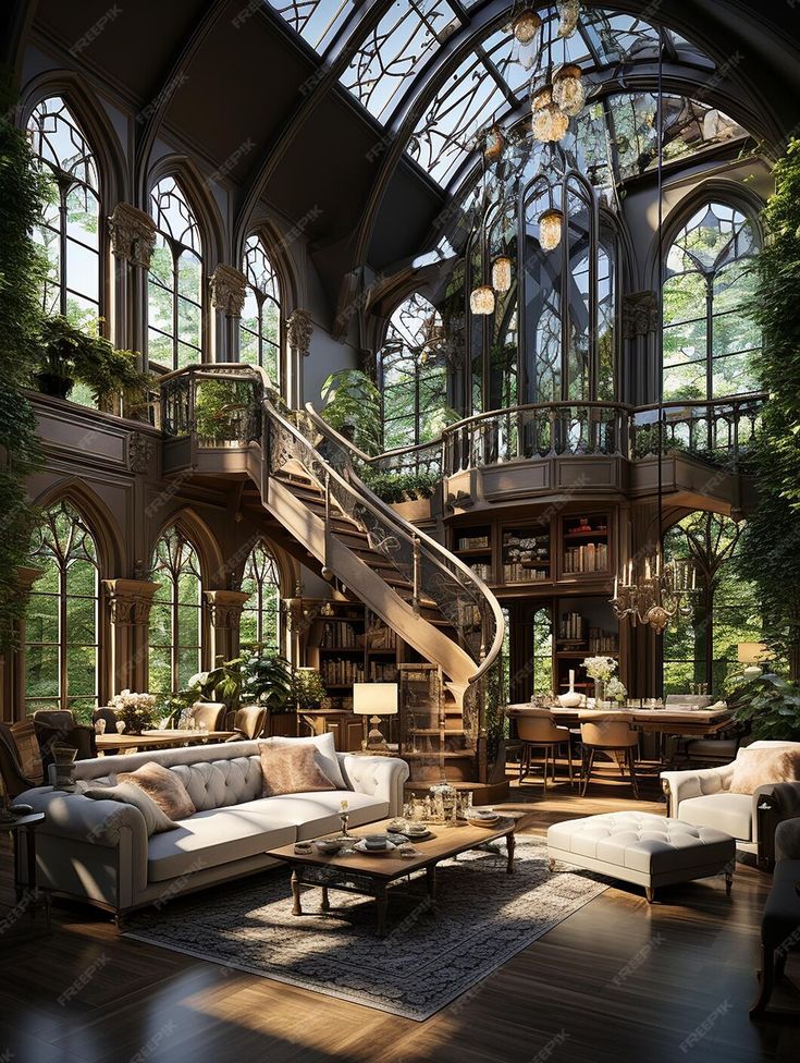 a living room filled with lots of furniture and tall glass windows covered in sunlight shining through