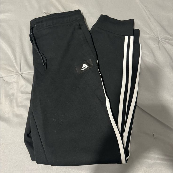 Perfect Condition Never Worn Zipper Pockets Comment Any Questions Offers Are Welcome!! Adidas Sweatpants With Three Stripes For Workout, Cotton Sportswear Sweatpants With Three Stripes, Cotton Sweatpants With Three Stripes, Adidas Cotton Athleisure Joggers, Adidas Athleisure Joggers For Loungewear, Casual Cotton Joggers With Three Stripes Branding, Adidas Cotton Joggers With Three Stripes, Adidas White Joggers For Jogging, Adidas Casual Joggers With Side Stripes