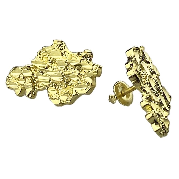 "Men's and women's nugget design earrings set. 14k gold plated finish over solid 925 sterling silver.  Dazzling diamond cut nuggets shine hard.  The screw back backings are stamped with \"925\". Big nugget-shaped earrings are 25mm x 15mm. Genuine 925 sterling silver, not cheap metal. Real jewelry that won't turn your ears green. Solid earrings weigh approx. 4 grams a pair." Gold Nugget Earrings As Gift, Gold Cluster Earrings With Diamond Cut In 14k Gold, Gold Diamond Cut Cluster Earrings In 14k Gold, Gold Sterling Silver Cluster Earrings, Nugget Earrings, Cut Earrings, Gold Nugget, Real Jewelry, Silver Man