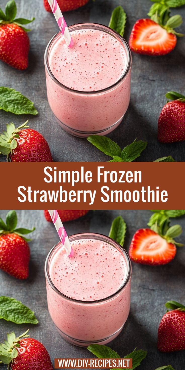 two glasses filled with strawberry smoothie next to strawberries