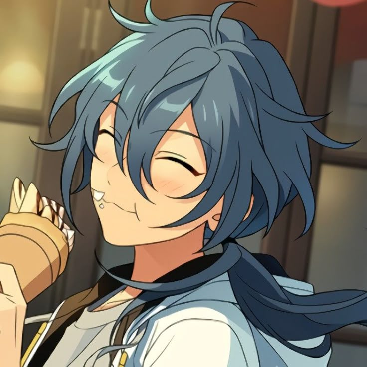 an anime character with blue hair holding a bottle in his hand and looking at the camera