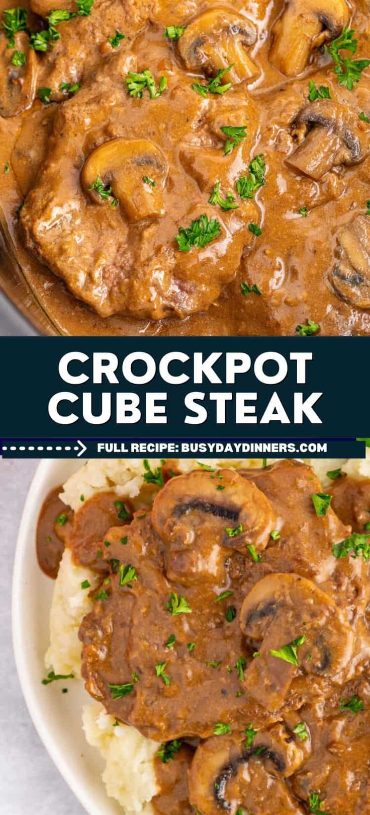 two pictures showing different types of crockpot beef steak with mushrooms and gravy