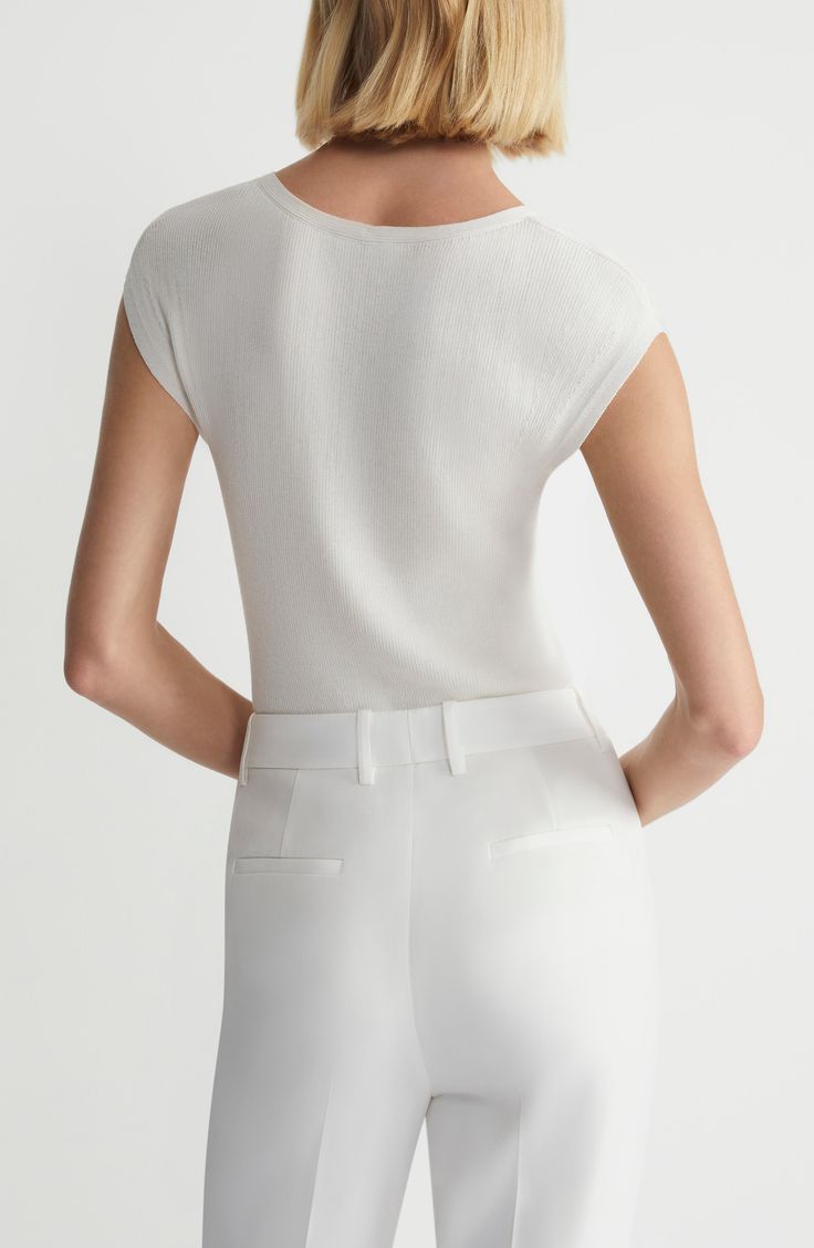 The NYC-based label brings forth a stretchy silk-kissed top that makes the perfect layering piece but wears beautifully on its own too. Scoop neck Cap sleeves 70% lyocell, 21% polyamide, 9% silk Hand wash, dry flat Imported Designer Clothing Elegant Fitted White Knit Top, Elegant Stretch Knit Top With Crew Neck, Elegant Fine Knit Tops For Layering, Elegant White Fine Knit Top, Chic Viscose Knit Top For Layering, Elegant Crew Neck Knit Top For Work, Chic Fitted Knit Top With Scoop Neck, Sleek Fine Knit Tops For Workwear, Sleek Fine Knit Tops For Work