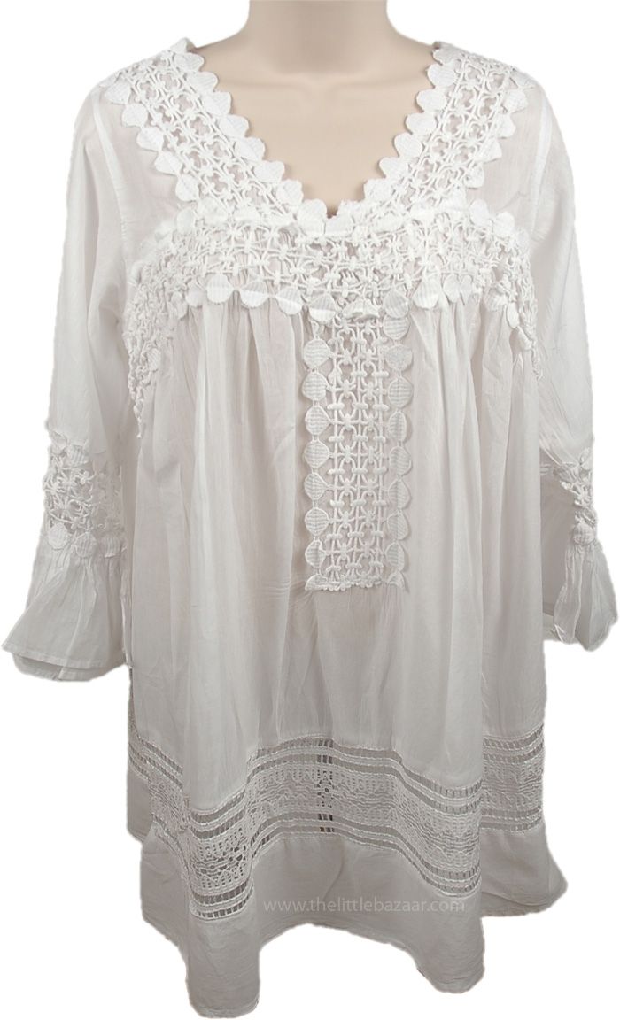 Summer Tunic Top with Crochet Lace - Let your free spirit loose in this airy tunic that floats weightlessly over sun-kissed skin.  A fresh new glorious top that is easy and exotic, this distinctive cotton tunic is perfect for casual wear. #tlb #White #XLPlus Spring Lingerie, Kashmiri Embroidery, Feminine Clothing, Tunic Tops Summer, Bohemian Tunics, White Blouses, Summer Tunic, Summer Tunics, Boho Fairy