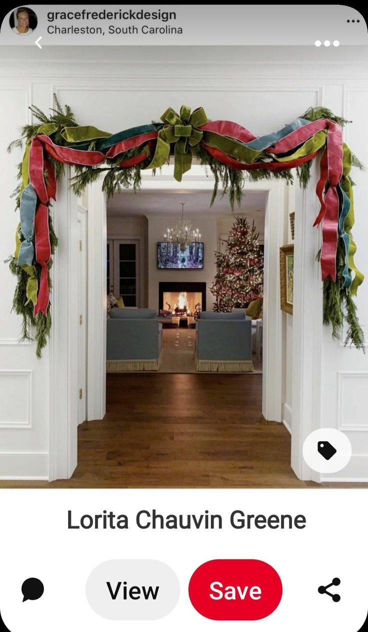 an instagram page with christmas decorations on the front door and in the back room