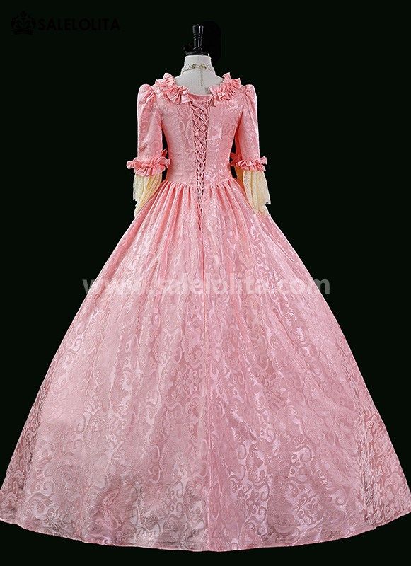 Pink Floral Tea Party Garden Marie Antoinette Dress Lolita Costume     Condition: Brand New   Color:Pink   Material: This dress made of High Quality Jacquard, soft,smooth and comfortable to wear   Sleeve Length: Long Flare Sleeve   Dresses Length:Floor-Length   Neckline:  Square Collar   Decoration: Ruffles + Lace   Package Includes: Dress     The length of skirt about 45 inches (114 cm) long from waist to hem regardless of size. This dress is pictured with a 6-hoop skirt Petticoat undernea Pink Lace Fitted Ball Gown, Elegant Pink Lace Ball Gown, Pink Elegant Ball Gown For Fancy Dress, Elegant Pink Ball Gown For Fancy Dress, Pink Elegant Ball Gown For Formal Event, Pink Fitted Gown For Costume Party, Fitted Pink Gown For Costume Party, Pink Fitted Victorian Dress For Costume Party, Pink Ball Gown For Fancy Dress