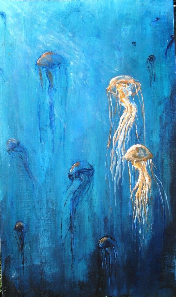 an acrylic painting of jellyfish in blue water