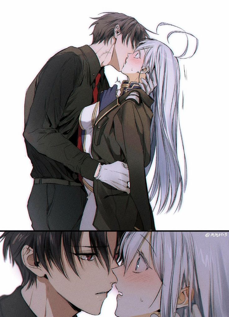 two anime characters kissing each other in front of a white background and one has long hair