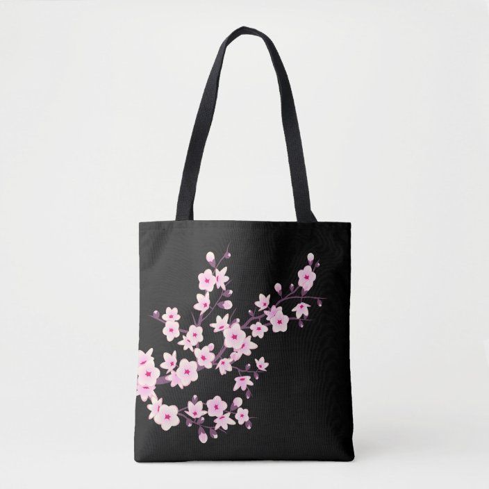 Floral Cherry Blossoms Pink Black Tote Bag | Zazzle.com Black Tote Canvas Bag For Spring, Black Canvas Bag For Daily Use In Spring, Black Shoulder Bag For Spring Gift, Black Bags For Spring Gifts, Black Bags For Spring Season Gifts, Black Tote Bag Design Ideas, Black Tote Bag Design, Black Tote Bag Aesthetic, Tote Bag Design Ideas