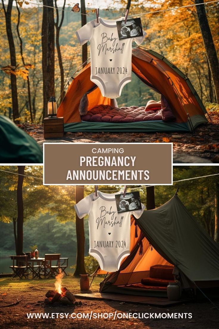 an image of a tent with the words camping pregancy announcements written on it