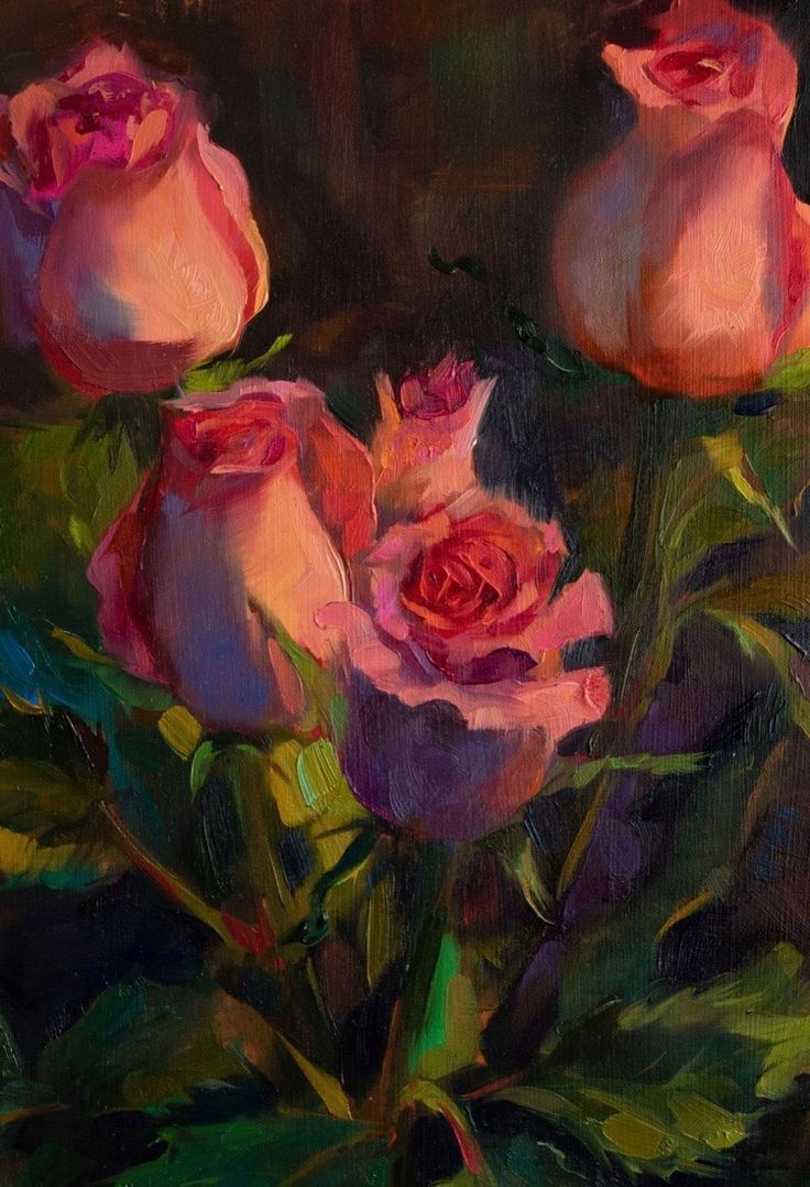 an oil painting of three pink roses in a vase on a black background with green leaves