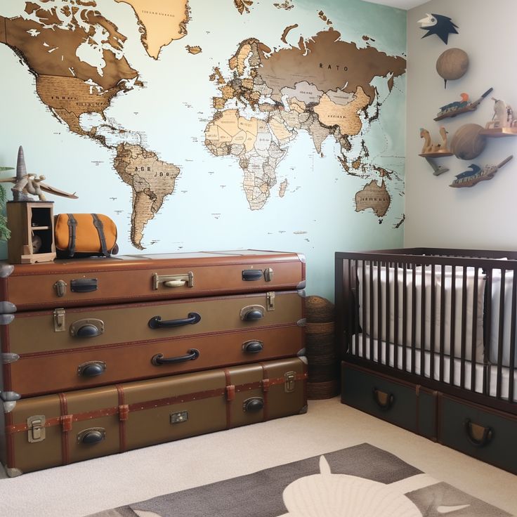 a baby's room with suitcases and a world map on the wall