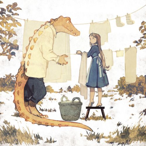 an illustration of a girl standing in front of a dinosaur next to a clothes line