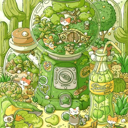 an illustration of a green machine surrounded by plants