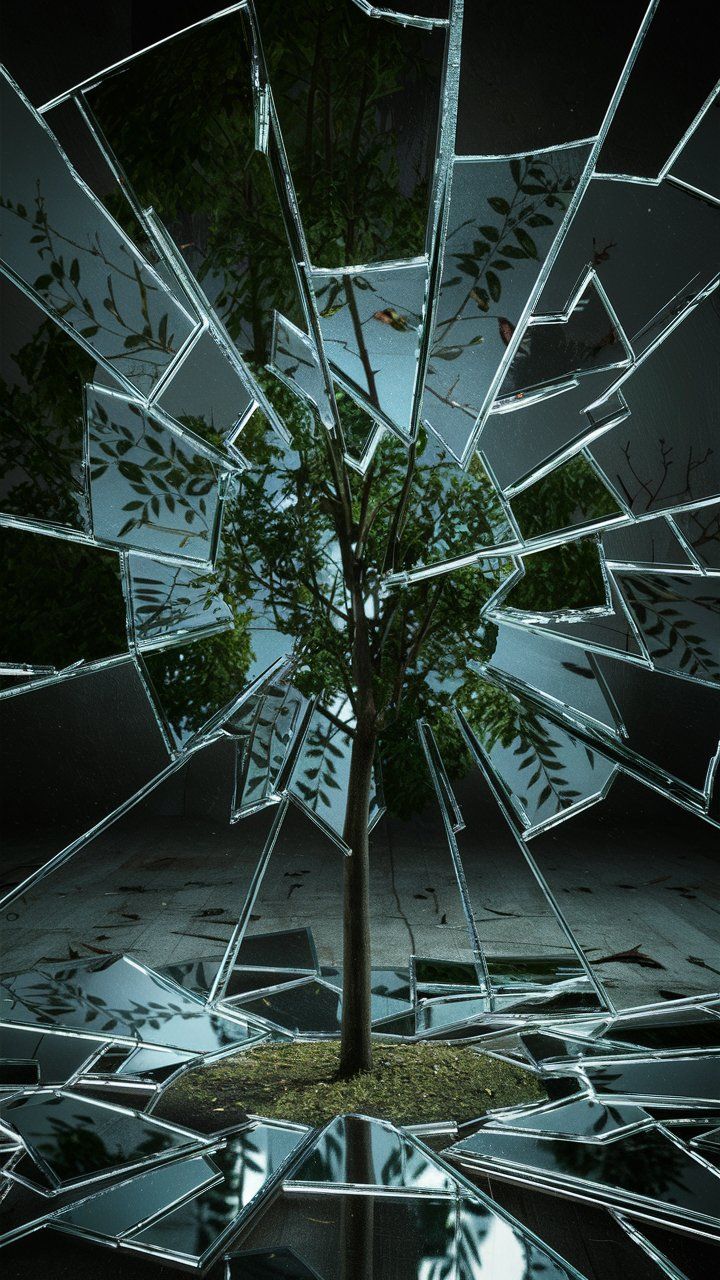 a tree is surrounded by mirrors in the dark