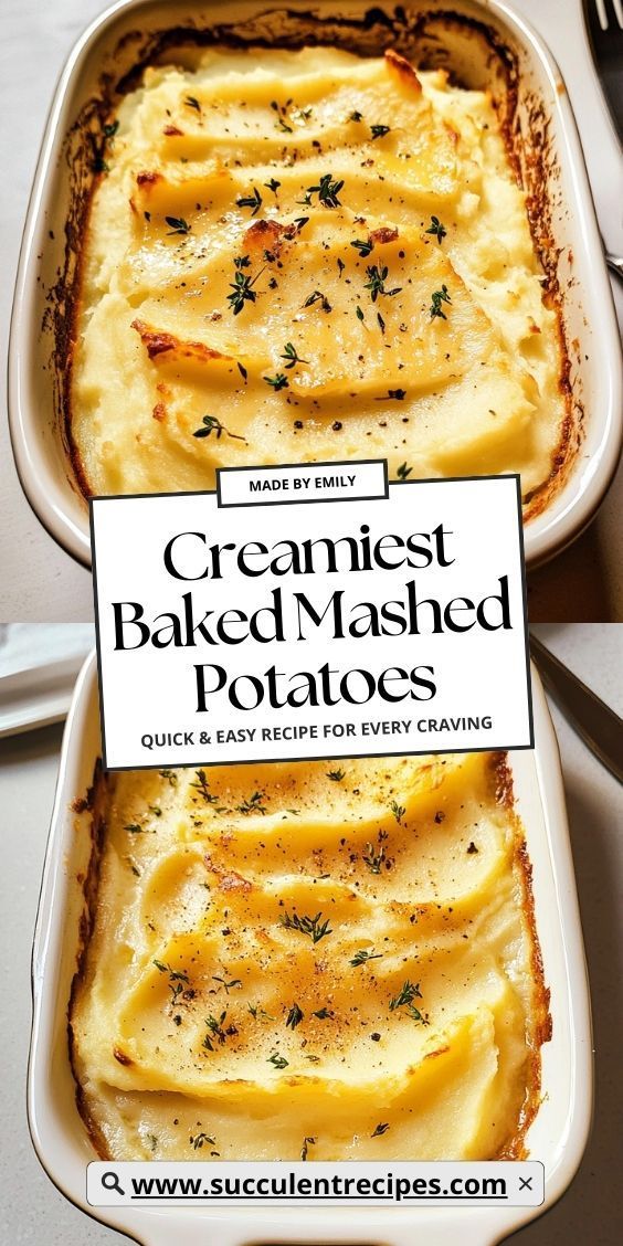 baked mashed potatoes in a white dish with a sign that says creamiest baked mashed potatoes