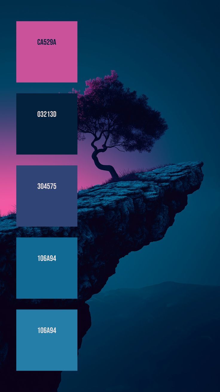 Colors:
CA529A
03213D
304575
106A94
106A94 Tree On A Cliff, Ethereal Lighting, Paint Color Combos, Purple Foliage, Pantone Colours, Flat Color Palette, Monday Outfit, Pantone Colour Palettes, Decor Color Schemes