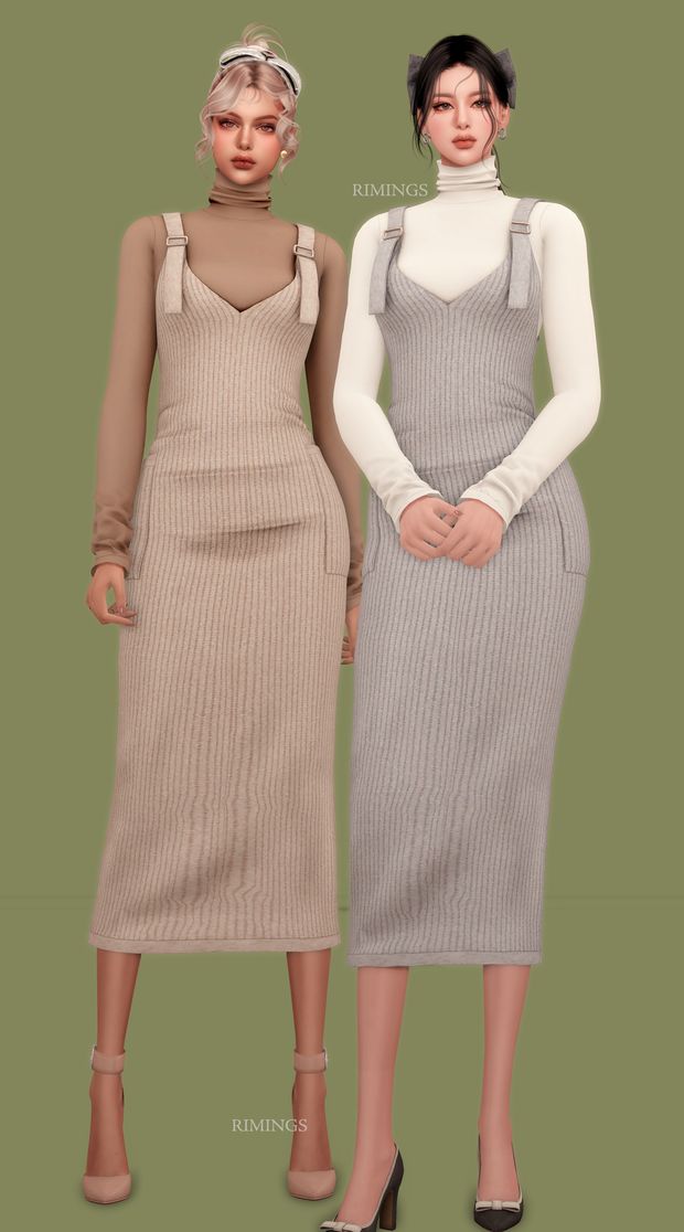 two women standing next to each other wearing dresses and high heeled shoes, one in grey