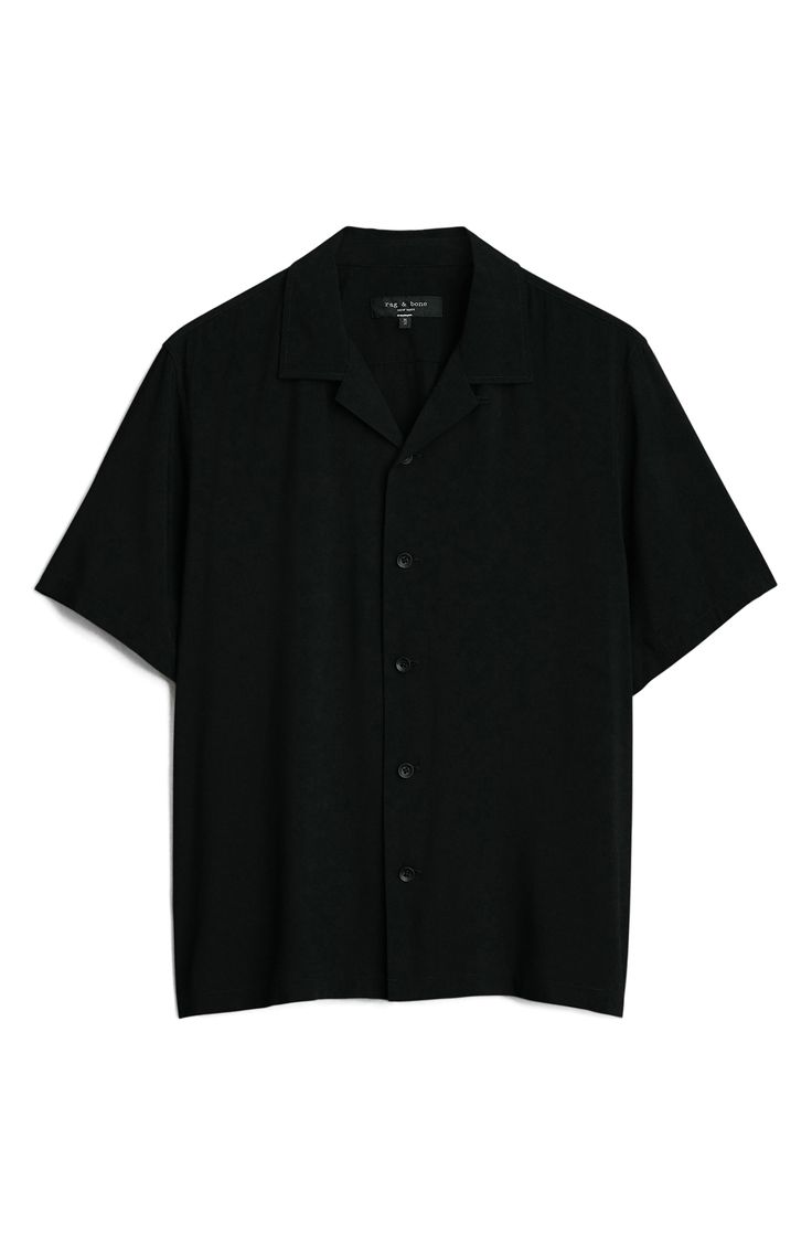 A notched collar frames this lightweight button-up featuring clean lines and casual style. 27 1/2" length (size Medium) Notched collar Short sleeves 100% viscose Machine wash, tumble dry Imported Men’s Long Sleeve Button Up, Black Short Sleeve Button Up, Mens Black Button Down Shirt Outfit, Classic Camp Shirt With Spread Collar For Work, Classic Camp Shirt With Collared Neckline, Black Camp Shirt With Spread Collar And Relaxed Fit, Classic Collared Rayon Tops, Casual Collared Rayon Shirt, Casual Rayon Collared Shirt