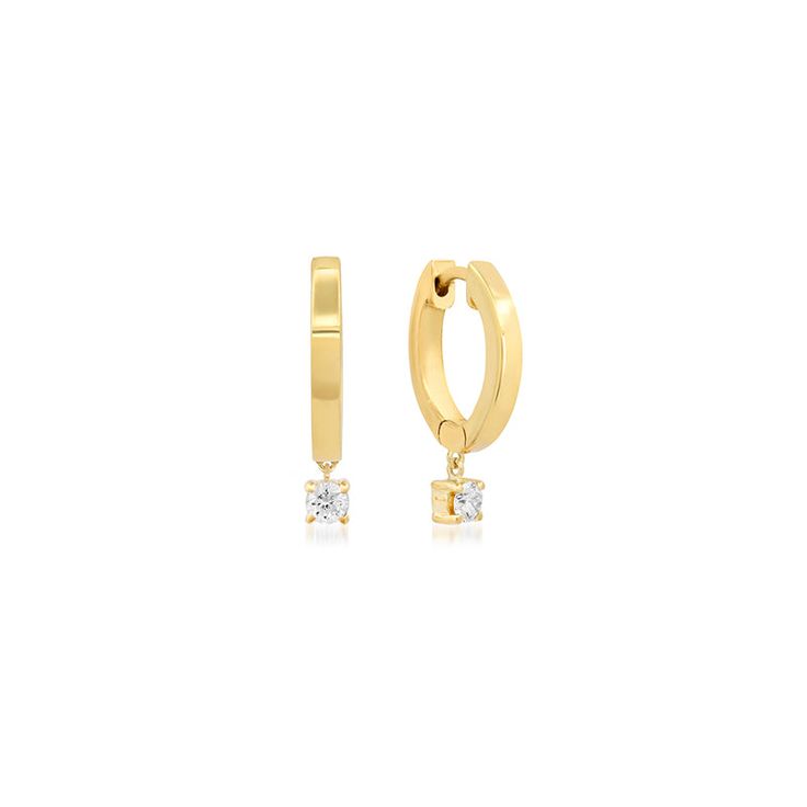 A classic huggie with a twist might be our signature by now, but these Small Huggies with 4-Prong Set Diamond Accents are not to be overlooked. Featuring a polished 18 karat gold hoop with a brilliant-cut, round and sparkling white Diamond drop, these huggies are much more than your average hoop. Hinged closure Carat Weight: 0.09cts Measures 8.35mm in diameter Made with love in Los Angeles Complimentary gift wrapping provided Formal White Gold Huggie Earrings With Single Diamond, Huggie Diamond Earrings In Yellow Gold With Single Diamond, Yellow Gold Huggie Diamond Earrings With Single Diamond, Yellow Gold Single Diamond Huggie Earrings, Luxury Hoop Earrings With Single Diamond As Gift, Luxury Single Diamond Hoop Earrings Gift, Classic Single Diamond Huggie Earrings, Yellow Gold Huggie Earrings With Single Diamond, Yellow Gold Small Hoop Huggie Earrings With Diamond