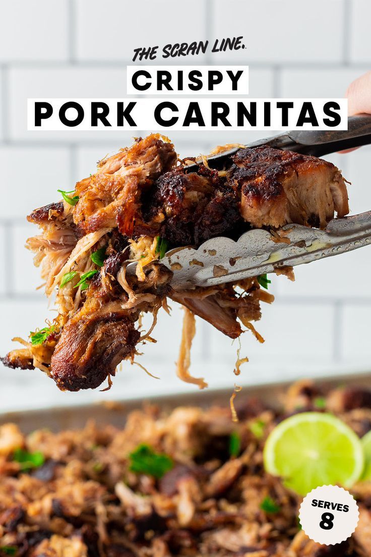 the crispy pork carnitas is being spooned into a casserole dish