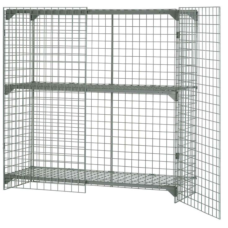 a metal cage with two shelves on each side