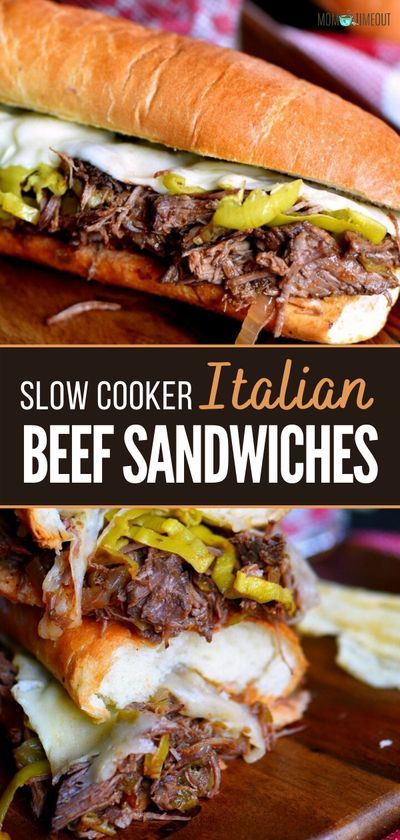 slow cooker italian beef sandwiches on a cutting board with text overlay that reads slow cooker italian beef sandwiches