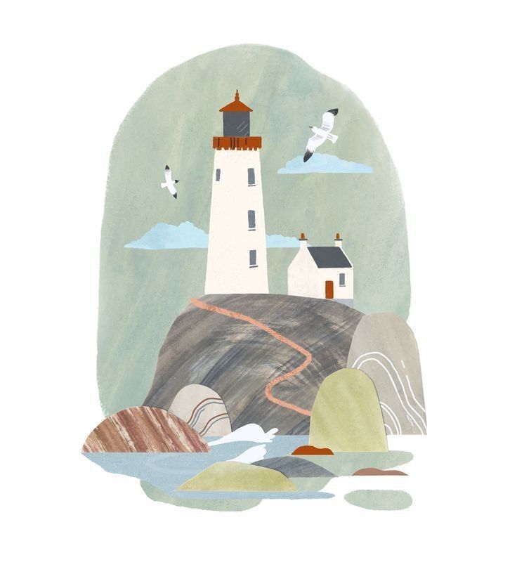 a drawing of a lighthouse with seagulls flying over it and rocks in the foreground