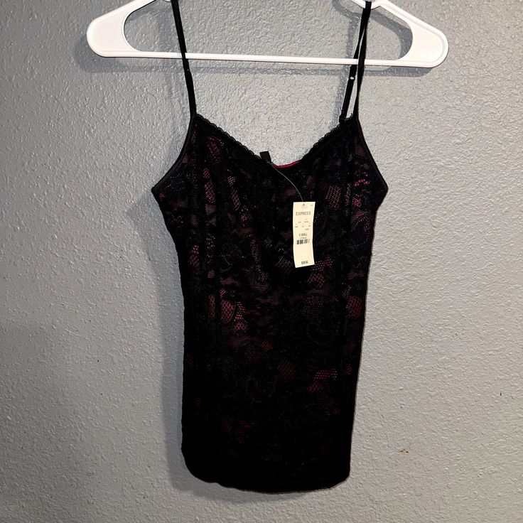 Express Spaghetti Strap Black Lace Top New With Tags Casual Party Camisole With Adjustable Straps, Black Camisole With Built-in Bra And Spaghetti Straps, Black Camisole With Adjustable Straps For Night Out, Black Tank Top With Built-in Bra For Date Night, Black Camisole With Adjustable Spaghetti Straps, Casual Black Camisole For Night Out, Casual Spaghetti Strap Camisole For Night Out, Black Tank Top With Adjustable Spaghetti Straps, Black Camisole Tank Top For Night Out