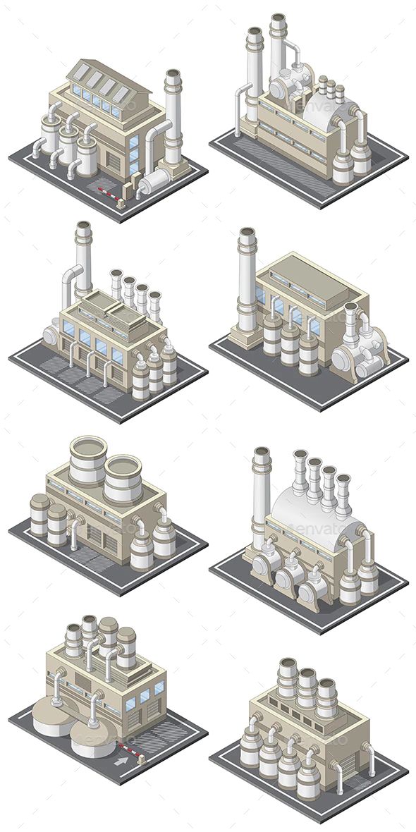 a set of industrial buildings with different types of smokestacks and pipes on them