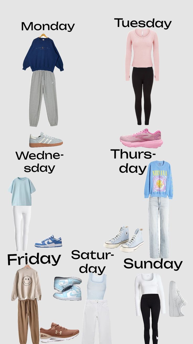 days of the week fit Days Of The Week Outfits School, 1 Week Of Outfits, Day Of The Week Outfits, Week Of Outfits For School, Outfit Ideas For The Week, Outfits For Each Day Of The Week, Outfits Of The Week For School, Week Outfit Plan, Comfy Preppy Outfits