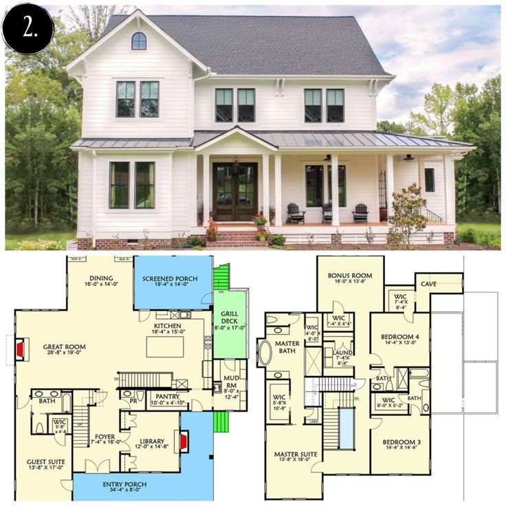 two story house plans with front and back porches on the first floor are shown