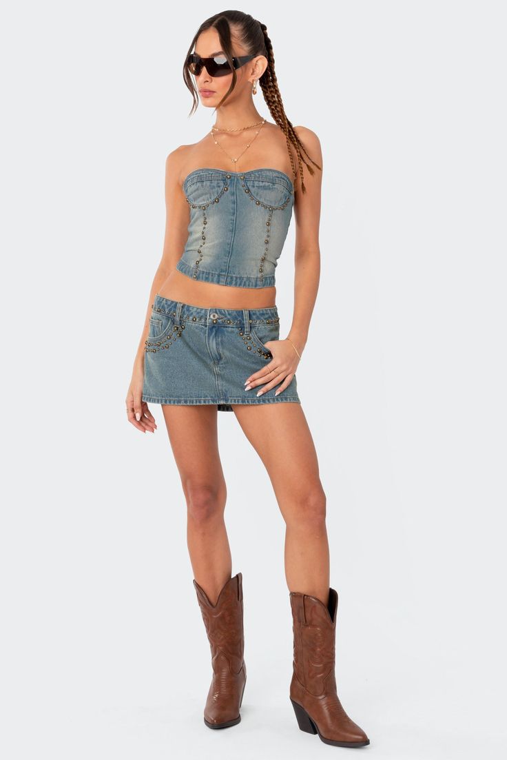 Studded Low Rise Washed Denim Mini Skirt Chic Y2k, Xmas 2022, Fest Outfits, Country Concert Outfit, Studded Denim, Corset Crop Top, Swimwear Dress, Denim And Lace, Washed Denim