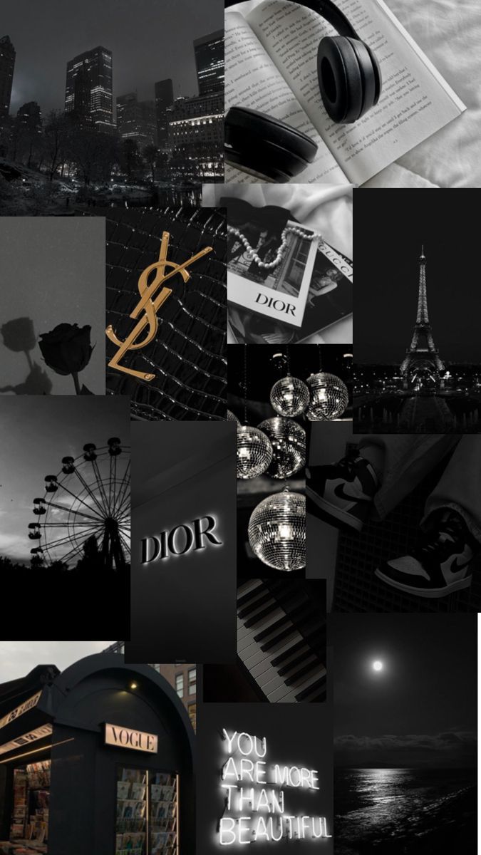 black and white collage with the word dior written in gold, surrounded by other images