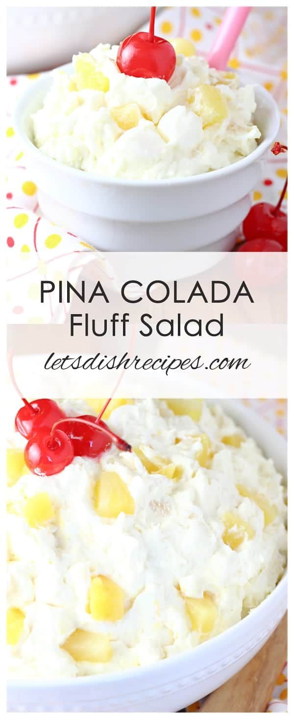 pine colada fluff salad in a white bowl with cherries on the top