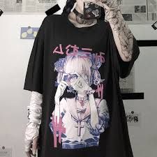 Punk Tops, Harajuku Clothes, Harajuku Anime, Baggy T-shirt, Alt Clothes, Gothic Tops, Summer Goth, Women Cartoon, Grunge Streetwear