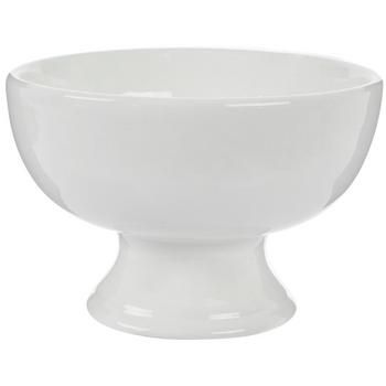 a large white bowl on a pedestal with no handles and an extended base for serving food