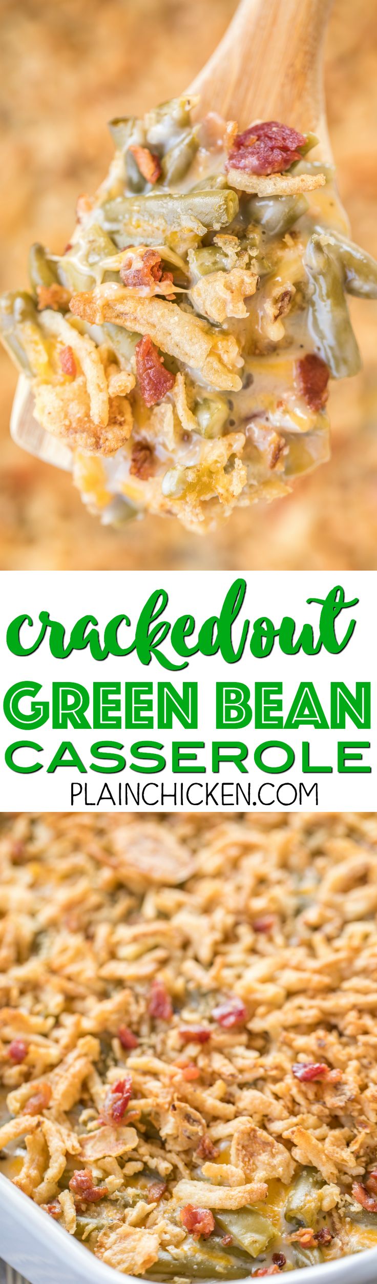 a spoon full of granola and green bean casserole with text overlay